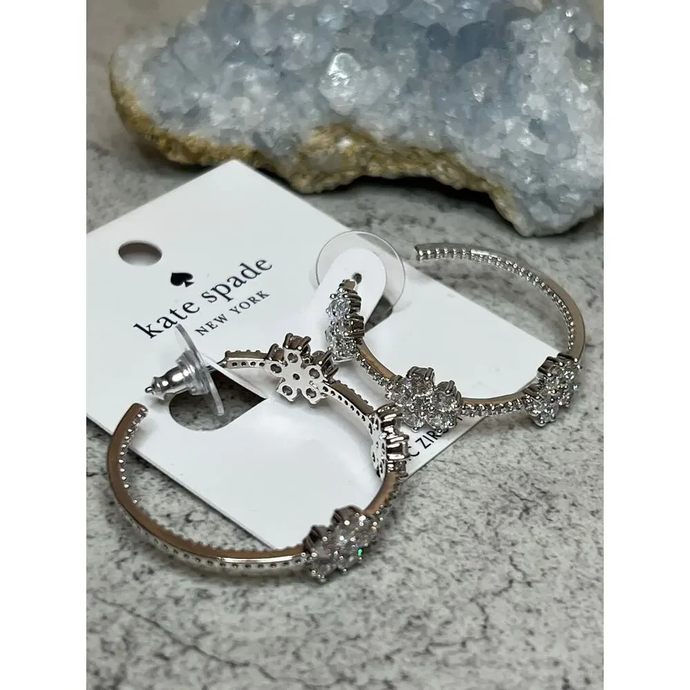 Nwt Kate Spade gleaming garden silvertone rhinestone flower hoops earrings - Picture 4 of 6